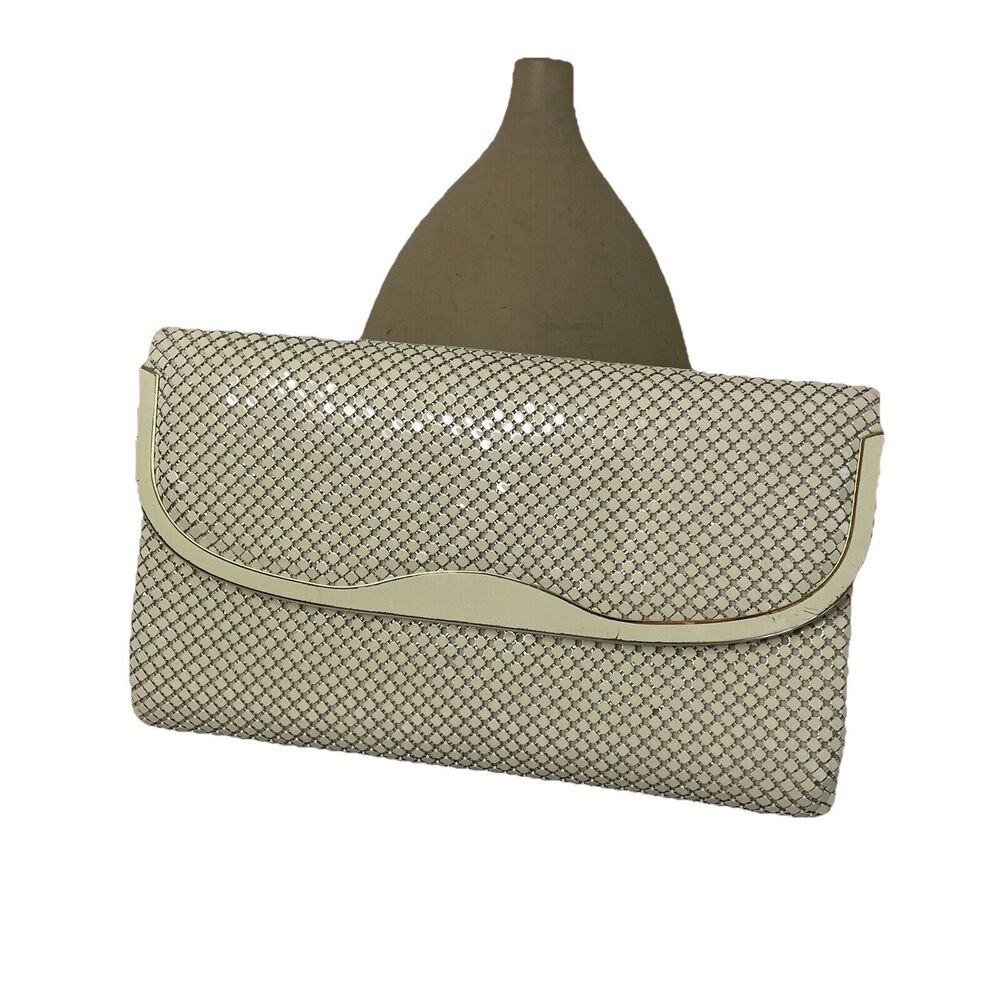 VTG 70s Cream Metal Chain Link Shoulder Crossbody Bag Clutch Art Deco Style